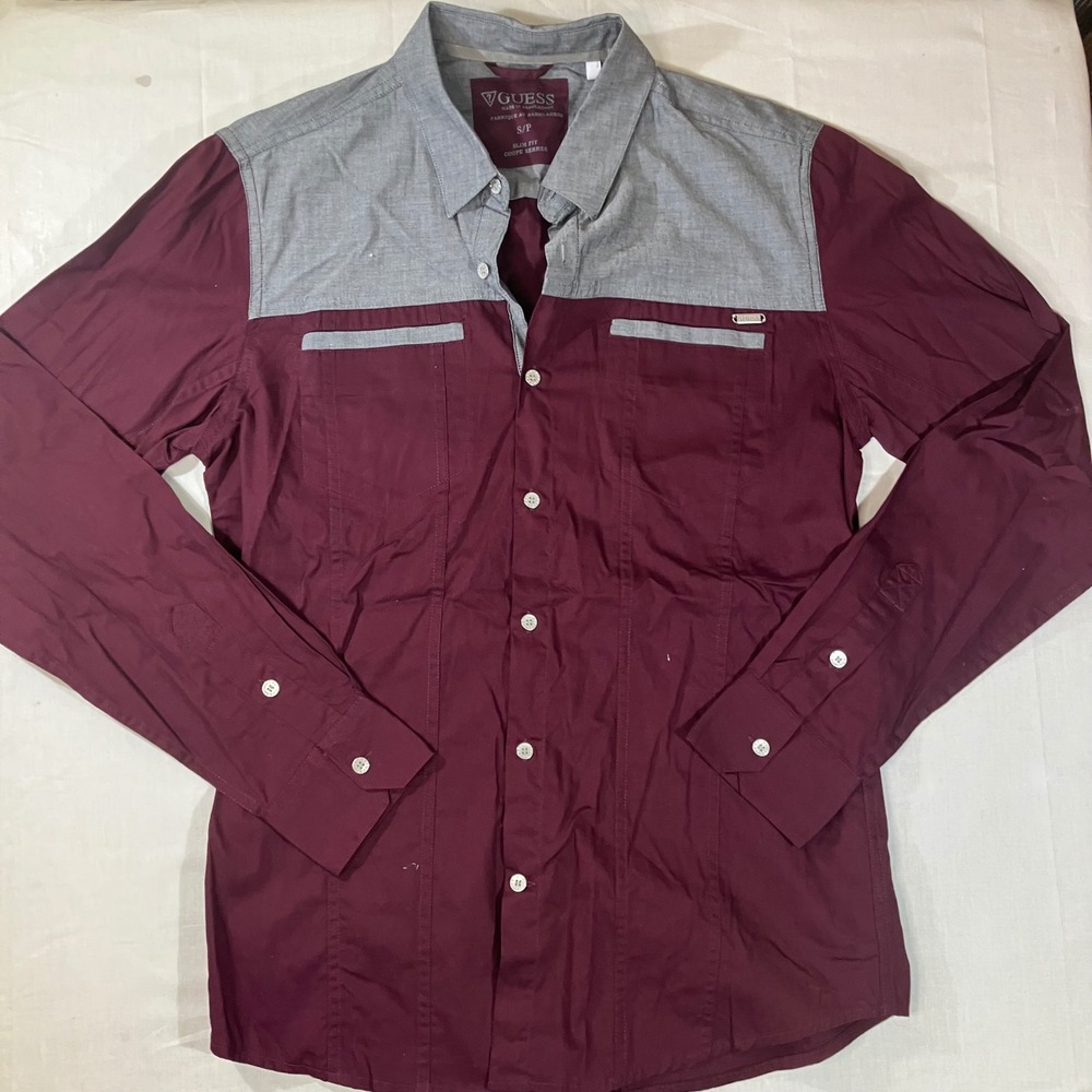 Guess Mens Slim Fit Long Sleeve Button Down Shirt Burgundy Gray X63H01W3D10 S